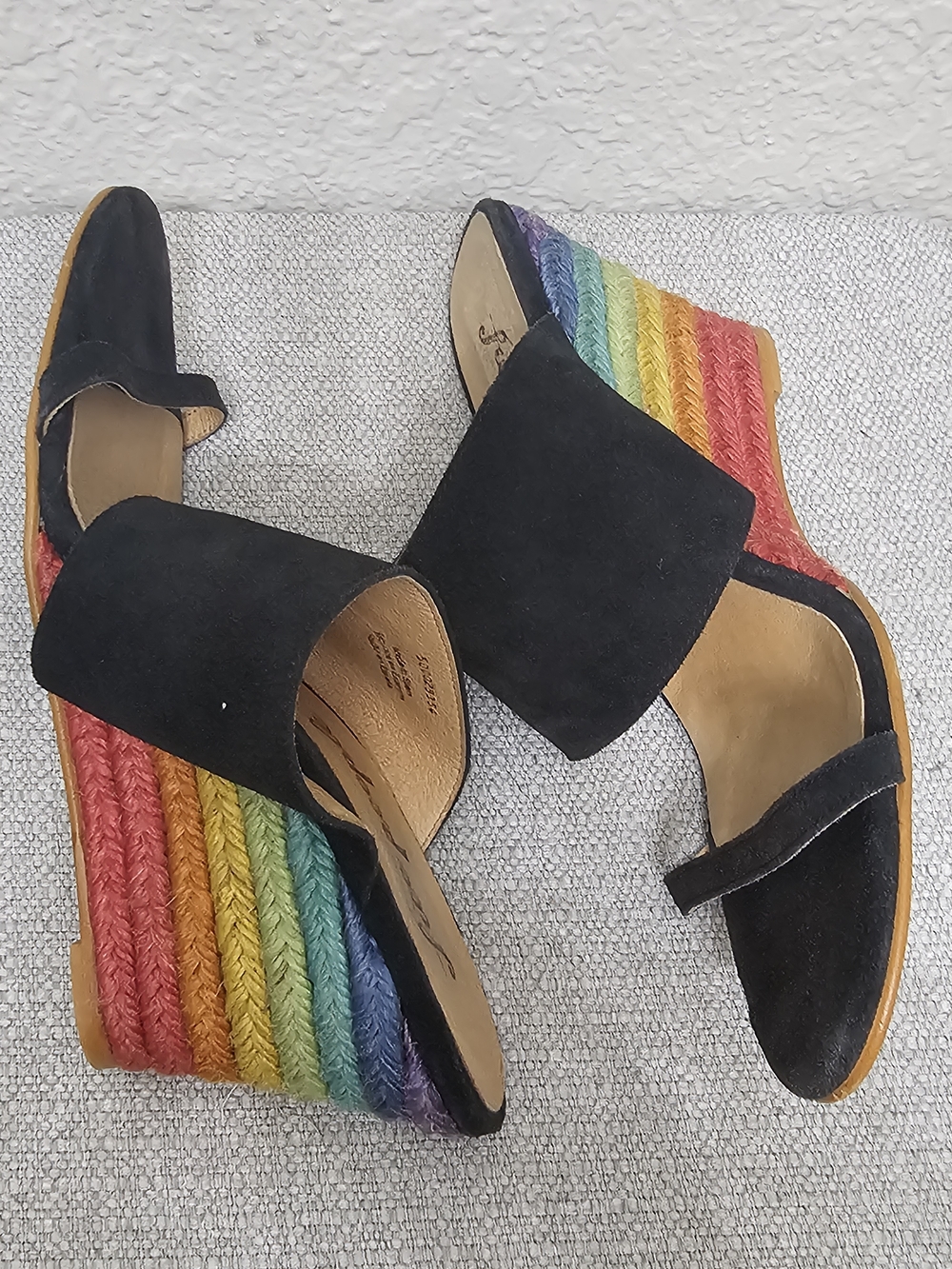 Free People Rainbow Espadrille Wedge Sandals Black Suede Slide Size 40 US 9